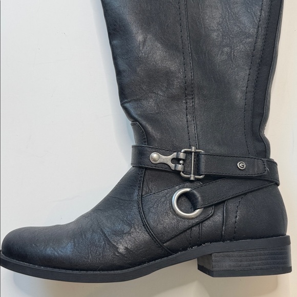 GUESS G Harvest Tall Riding Black Leather Buckle Boots Size 8 - Picture 10 of 16